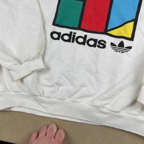 Vintage Adidas Sweater Mens Medium 80s Logo Pullover White Sports Graphic - Picture 4 of 11